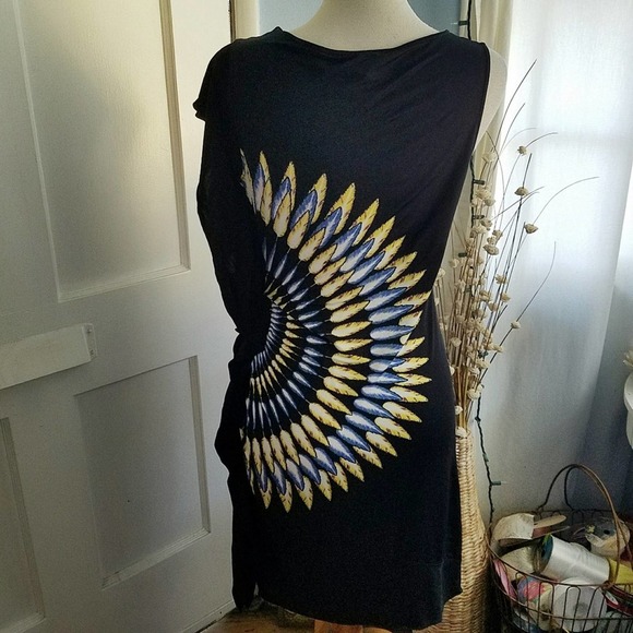 Black Feather Print Dress by BCBG MaxAzria Blue & Yellow / Size Medium - Picture 4 of 5